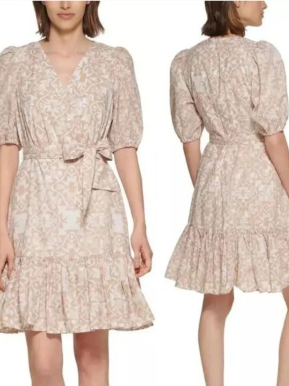 Calvin Klein Printed Flouncy Belted 100% Cotton Dress Size 8